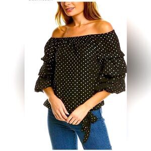 Vince Camuto Women’s Foil-Dot Balloon-Sleeve Top Rich Black. Avail: S, M, L, XL